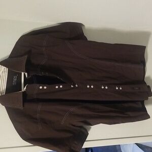 Mens brown with baby blue thread trim button down dress shirt 3XL